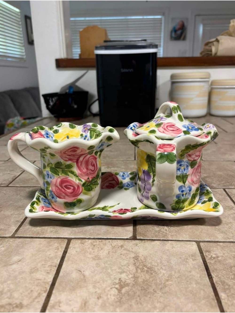 Floral Ceramic Creamer & Sugar Set with Tray - Pink Rose Yellow Blue